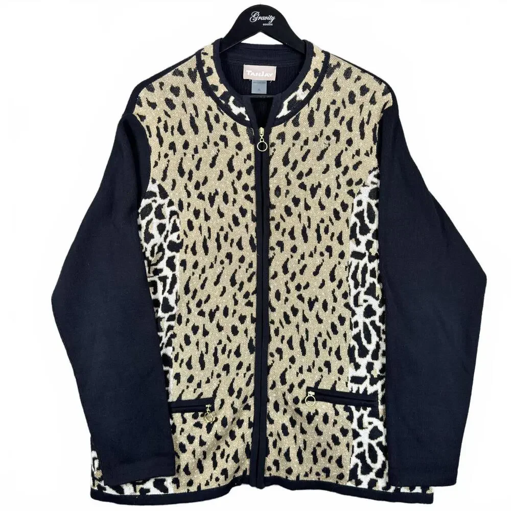 TanJay Women's Animal Print Zip-Up Cardigan Jacket XL Cheetah Leopard Black Gold